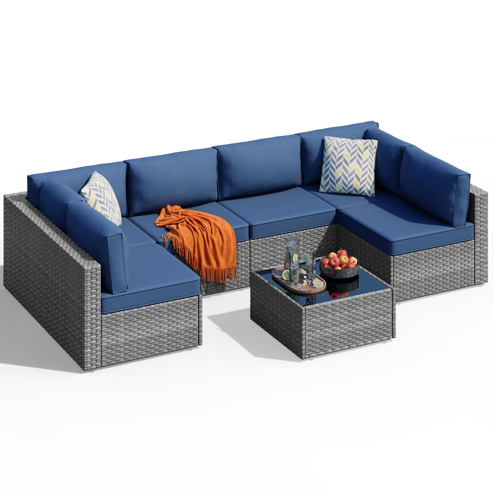 Walsunny 7 Pieces Patio Conversation Set, All-Weather Rattan Wicker Patio Furniture Sets with 6 Chairs and 1 Coffee Table, Washable Couch Cushions,Sliver Rattan Navy Blue Cushions