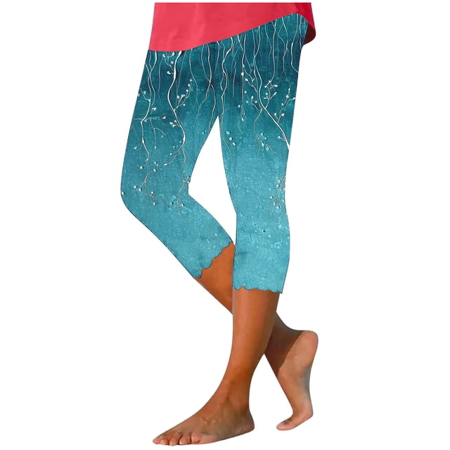 Womens Summer High Waisted Printing Capris Matching Slim Fitting Yoga Gym Pants