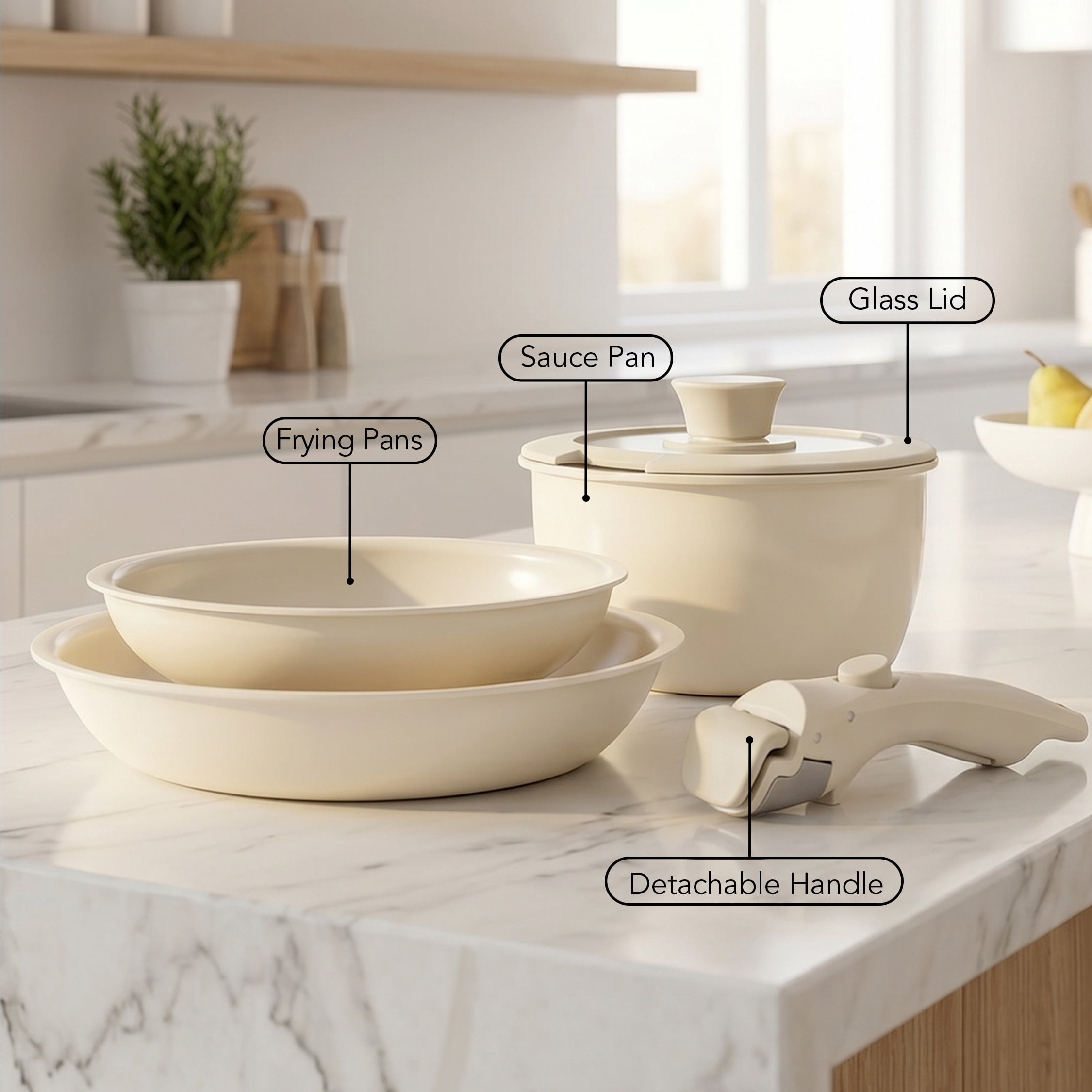 OVENTE 5-Piece Ceramic Cookware Set, Cream CWAD01005C | Detachable Handle, Non-Toxic & Nonstick Kitchen Pots & Pans with Lid for Home or RV, Stackable & Dishwasher Safe