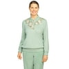 Alfred Dunner Womens Petite Floral Yoke Embroidery Lightweight Pullover