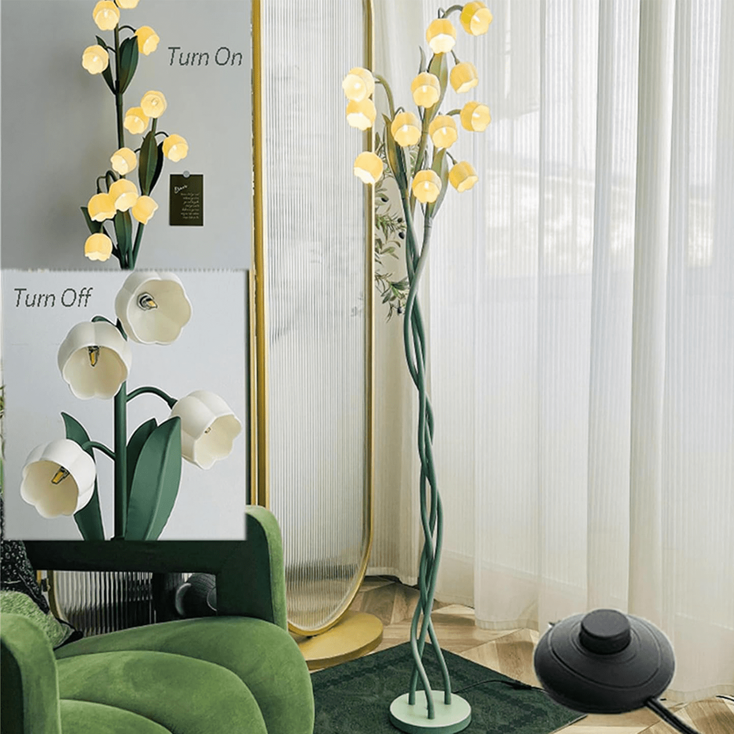 12 Heads Flowers Floor Lamp: Adjustable Lily of the Valley Light with 3 Bendable Stems - Retro Vintage Style 63-Inch Tall Floor Lamp for Living Room - Plug In Ready with Cream Bulb