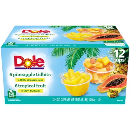 (24 Cups) Dole Tropical Fruit & Pineapple Tidbits in 100% Juice, 4oz Fruit Bowls
