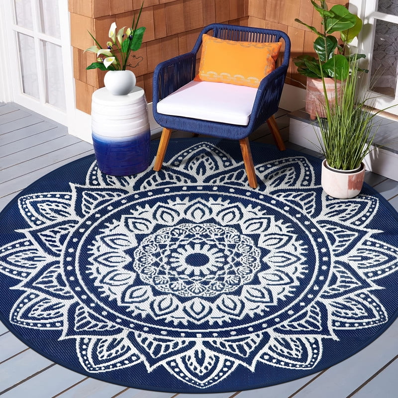Aonewoe Round Outdoor Rugs 8Ft Waterproof Patio Plastic Straw Rug Reversible Camping Carpet Indoor Outdoor Area Rug for Patio,Deck,Balcony,Picnic,Beach,Outside