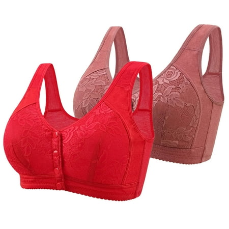 REORIAFEE Wireless Bras for Women 2 Pack Front Closure Gathered Together No Wire Bras Lace embroidery Brassiere Comfy Wide Strap Breathable Corset Underwear Comfortable Lingerie Wine 48/110