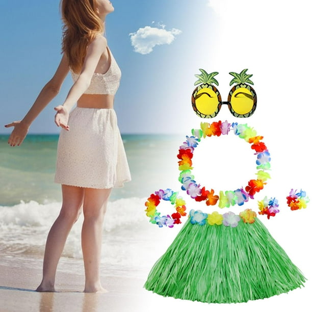 Set Hawaiano De 8 Piezas: Falda De Hierba, Collar, Pulseras, Diadema Y Gafas De Piña – Luau Beach Party