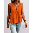 thumbnail image 3 of Women V Neck Ruffle Hem Tank Top Sleeveless Flowy Peplum Blouse Casual Tangerine Color S, 3 of 7