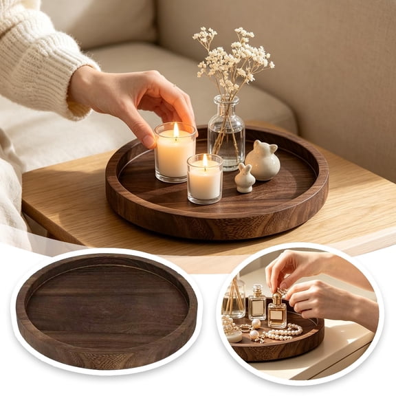 Wood Tray Round 13 Inch Serving Platter for Fruit Bread Dessert, Handcrafted Farmhouse Centerpiece Tray for Coffee Table Dining Kitchen, Christmas Home Decoration