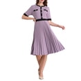 thumbnail image 1 of Vestido plisado de manga corta para mujer, tendencia 2025, color de contraste, vestido midi A-line casual de trabajo, L púrpura, 1 of 5