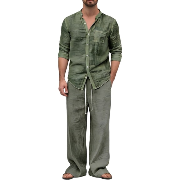 Chiccall Men's 2 Pieces Cotton Linen Outfits Long Sleeve Button Down Shirts & Wide Leg Pants Summer Beach Yoga Casual Vcation set