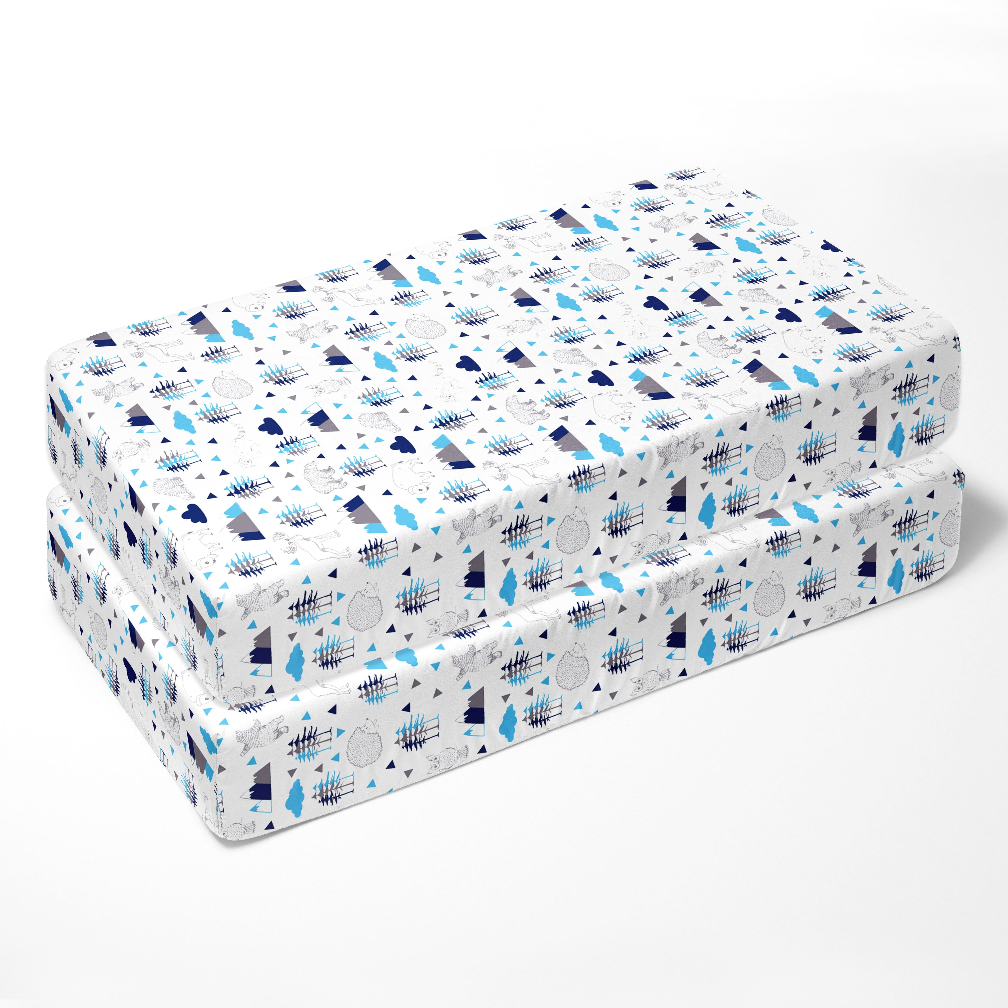 Crib or Toddler Bed Fitted Sheet 100% Cotton Percale, Woodlands Aqua/Navy/Grey