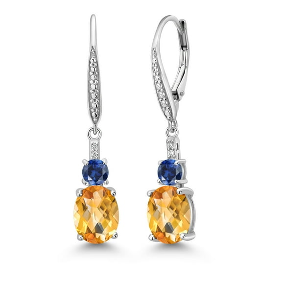 Gem Stone King 925 Sterling Silver Yellow Citrine and Blue Created Sapphire Dangle Earrings for Women with Lab Grown Diamond (3.83 Cttw, Oval Checkerboard 9X7MM)