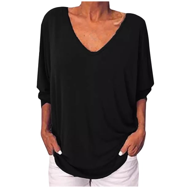 Tops de color sólido de manga 3/4 de murciélago con cuello en V de moda de verano para mujer Fridja hj412