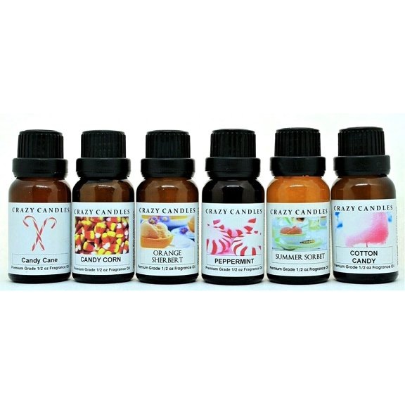 Crazy Candles 6 Bottles Set, 1 Candy Cane, 1 Candy Corn, 1 Cotton Candy, 1 Orange Sherbet, 1 Peppermint, 1 Summer Sorbet 1/2 fl oz Each (15ml) Premium Fragrance Oils