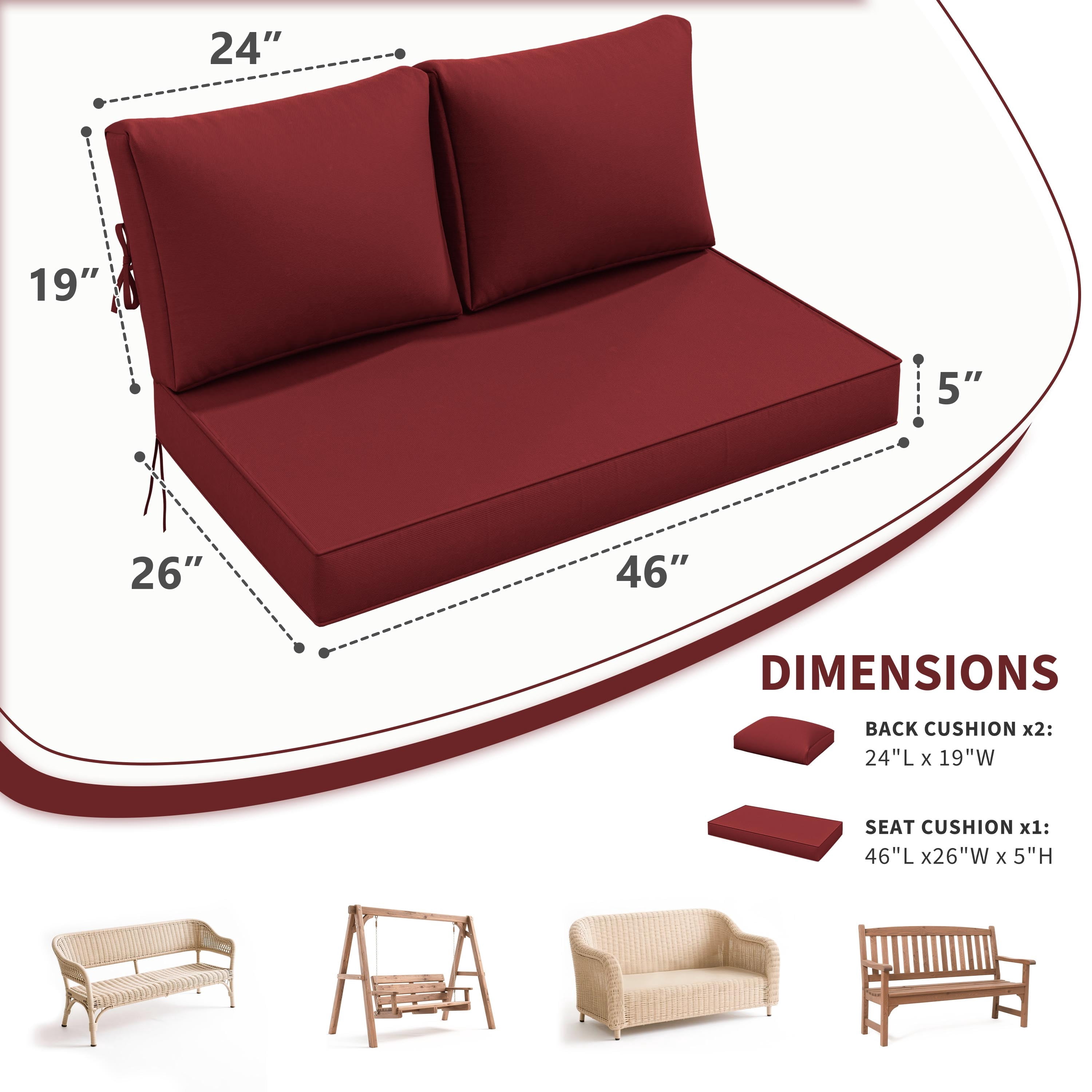 Kimunuk Outdoor Loveseat Cushion Set, 46" x 26" x 5" Waterproof Patio Furniture Cushions for Couch Bench Swing, Burgundy