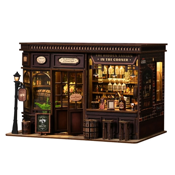 CYFW Miniature House Corner Tavern Dollhouse Kit for Adults and Teens, Booknook Tiny House Bookshelf Decor 3D Wooden Puzzle, Treasures for Loved Ones and Friends