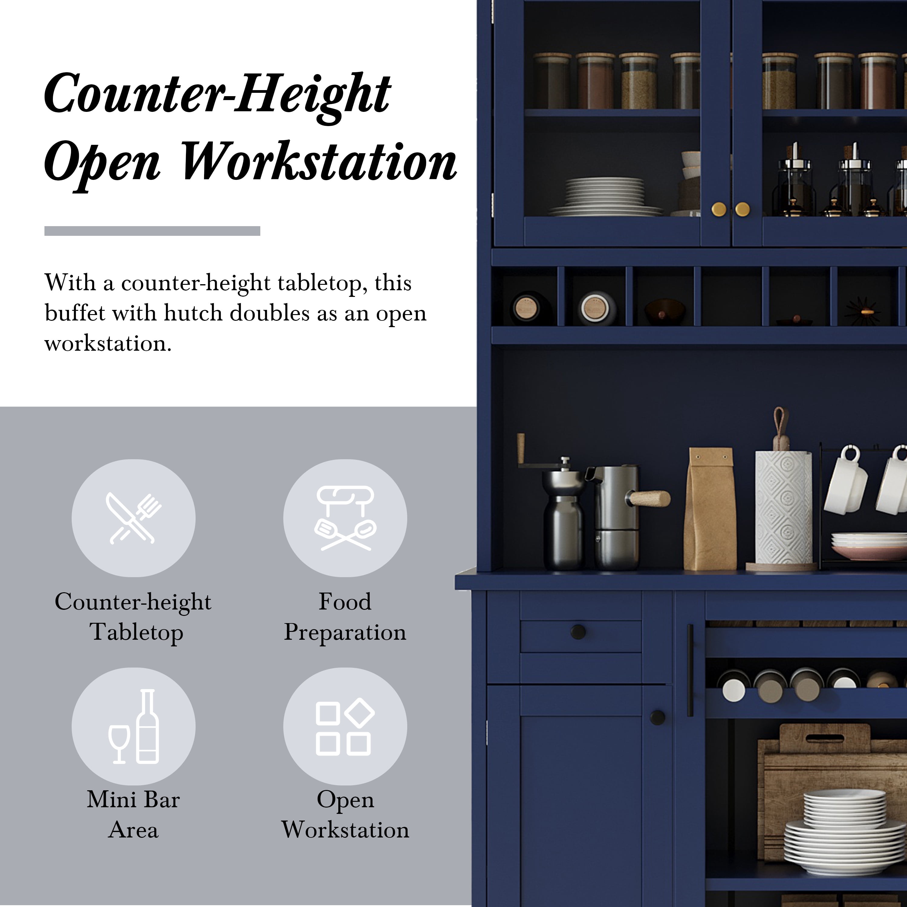 Leumius 75" Tall Kitchen Pantry Storage Cabinet,Farmhouse Wood Buffet Storage Cabinet with Wine Rack and Adjustable Shelves for Dining Room Living Room,Blue