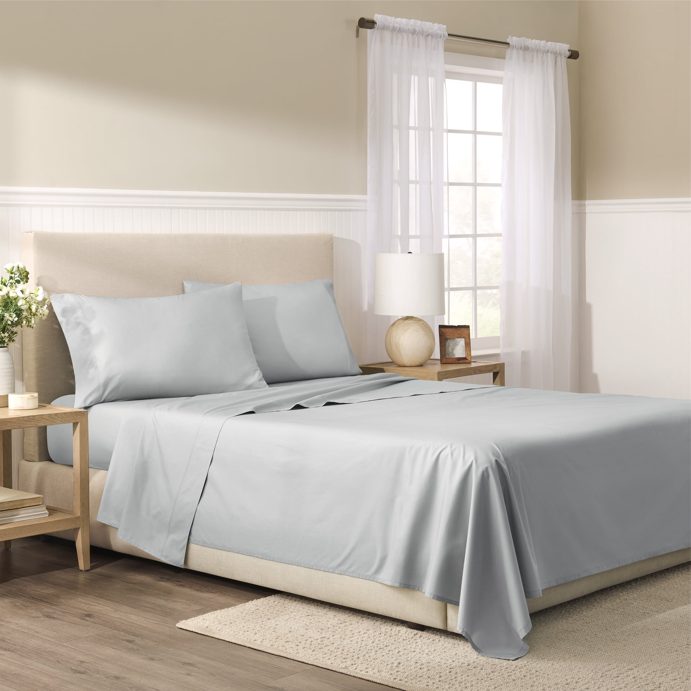 Wamsutta 1846 4-Piece 400 Thread Count Glacier Gray Egyptian Giza Cotton Percale Bed Sheets, Queen-Deep Pocket