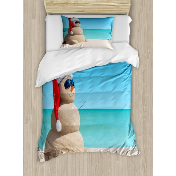 Summer Duvet Cover Set Twin Size Real Life Photo Of A Snowman Created With Sand On