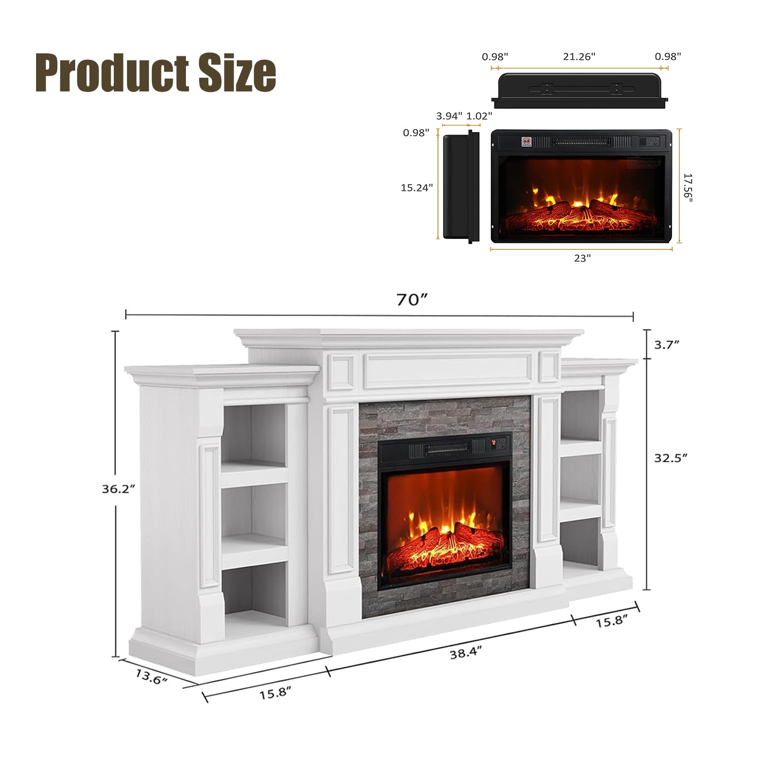 Electric Fireplace with 70" Mantel, Stacked Stone Surround with 23" Fireplace Insert, Adjustable Flame, Remote Control, White & Brown