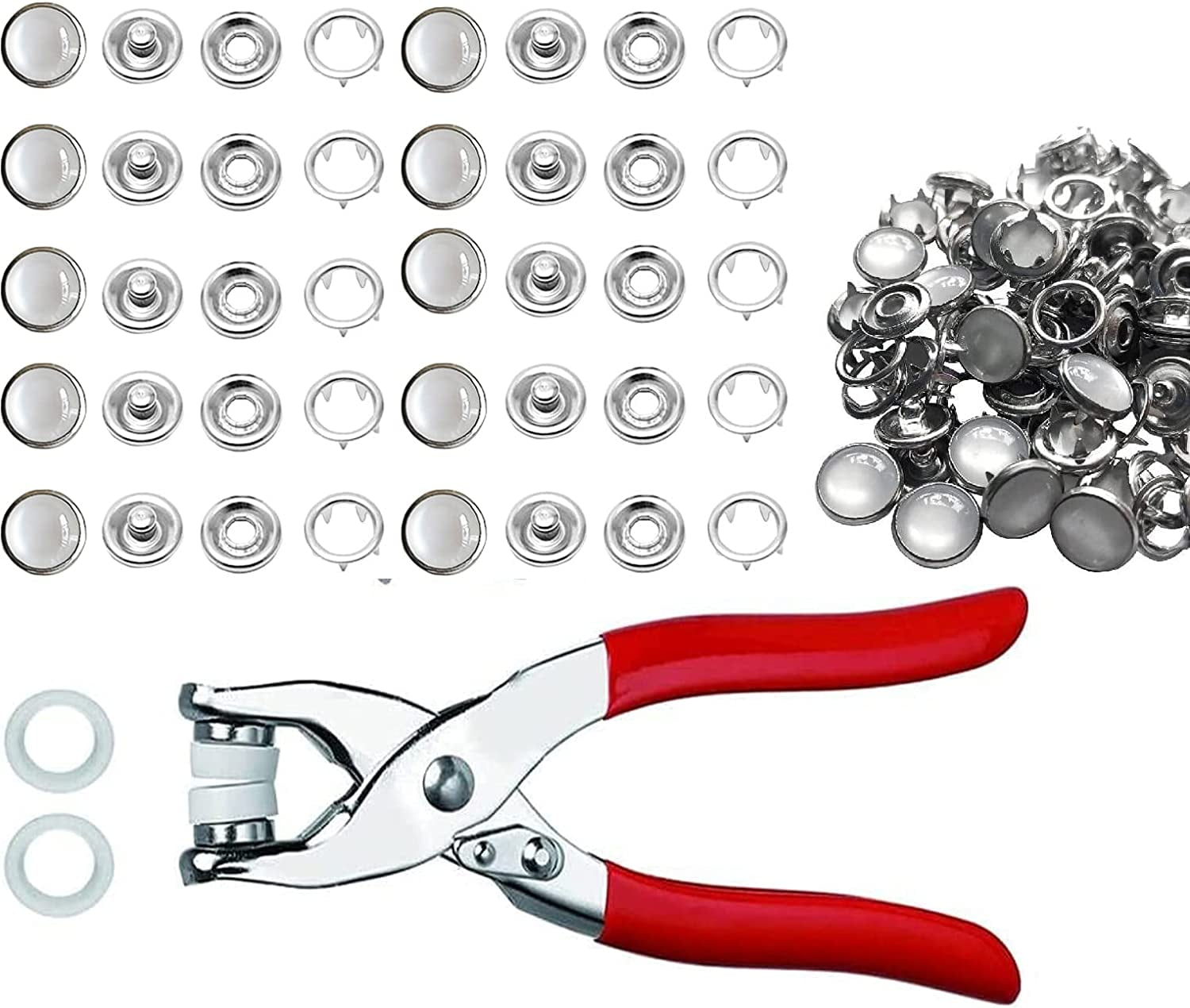 NOGIS Snap Fasteners Kit - 100 Sets Pearl-Like Prong Snap Buttons with Fastener Pliers Press Tool Kit for Sewing Crafting