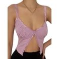 thumbnail image 1 of VISgogo - Camiseta sin mangas para mujer con decoración de dobladillo de flores de encaje, ropa de verano con cuello en V profundo y parte delantera abierta VISgogo moda, 1 of 9