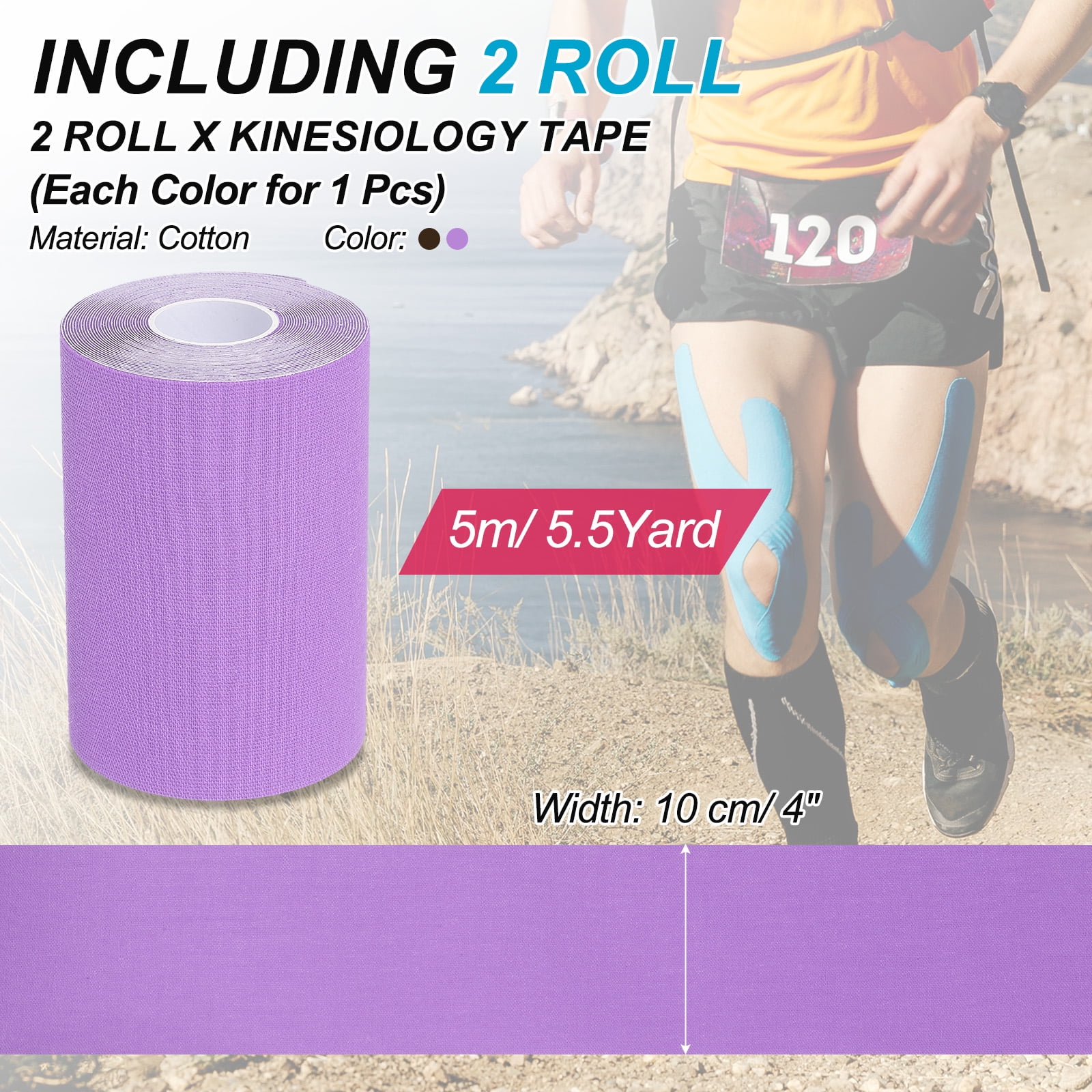 Uxcell Kinesiology Tape, Adhesive Cotton Sports Muscle Support Tape Waterproof Elastic Tape for Knee Ankle Wrist Purple/Coffee Color