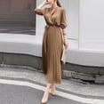 thumbnail image 2 of Aayomet Casual Dresses for Women 2023 Women Casual Solid V Neck Dress Long Sleeve Beam Waist Big Swing Pleated Dress,Coffee S, 2 of 2