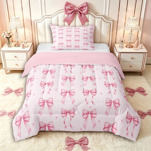 Manfei Kawaii Stars Bow Knot Twin Comforter Sets 3-Piece for Kids Teens,Girls Women Cute Ribbon Bow Tie Bedding Set,Pink Reversible,Ultra Soft Home Decor