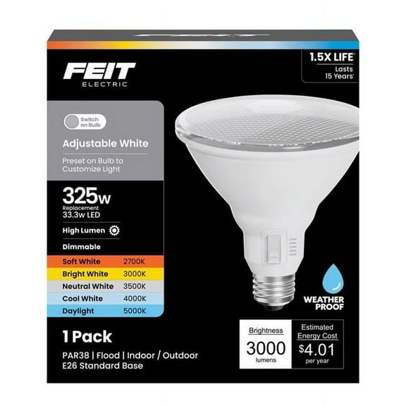 Feit Electric 3018777 325W PAR38 E26 Adjustable Equivalence Medium LED Bulb, White