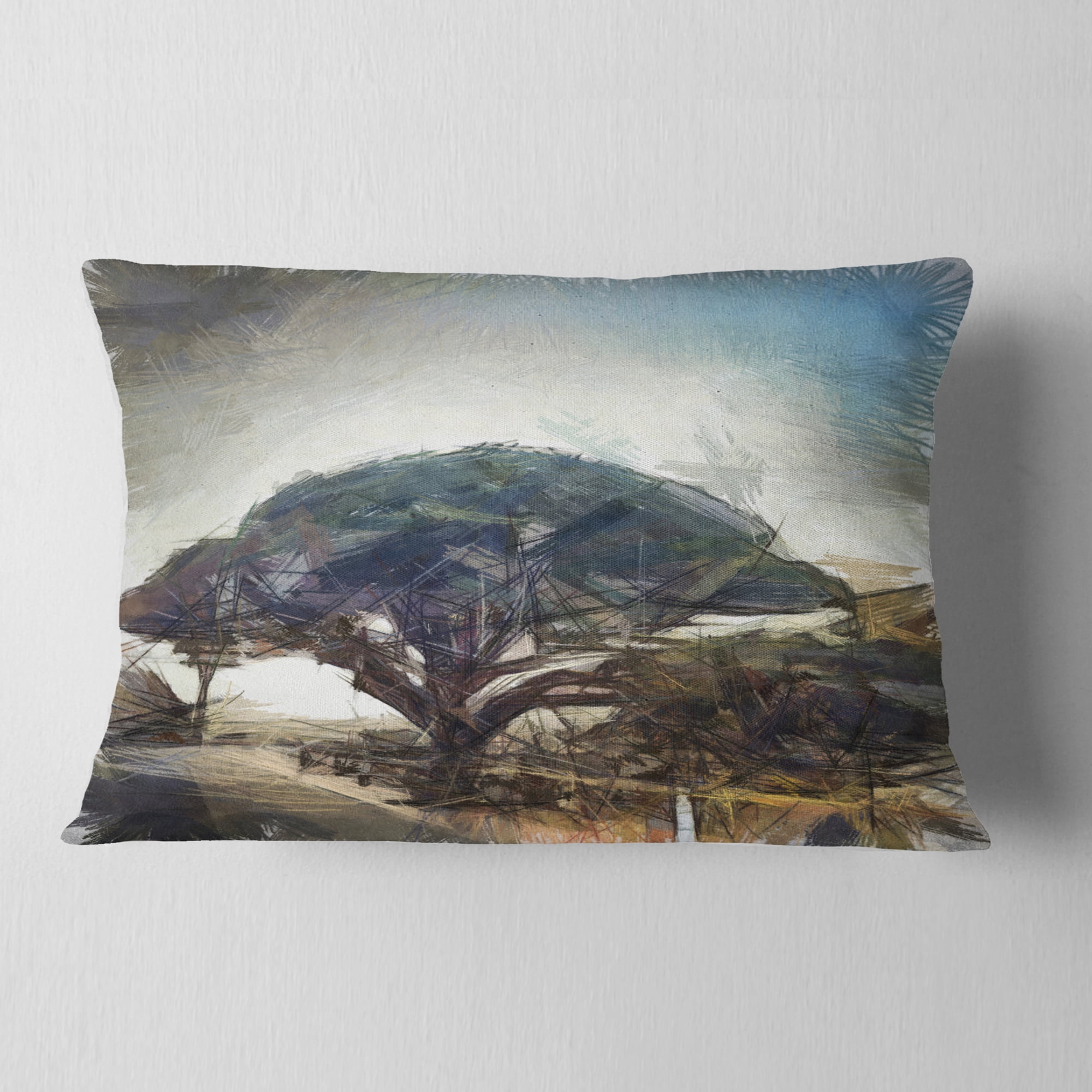 Designart Lonely Oak Tree Watercolor Sketch - Landscape Printed Throw Pillow - 12x20