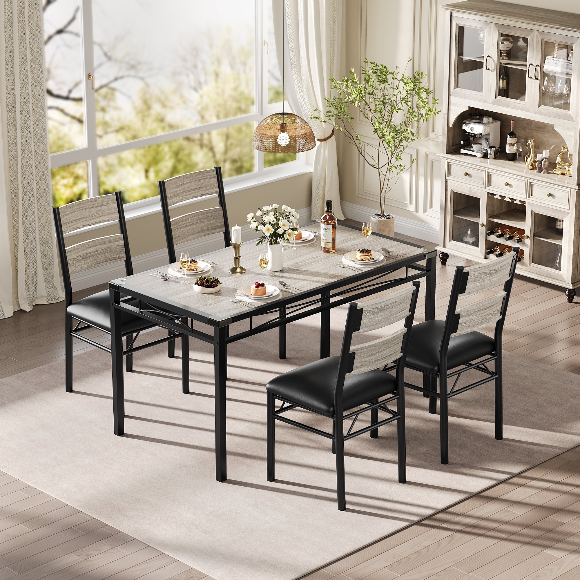 Space-Saving 4-Piece Dining Table Set – Wood Table & Upholstered Chairs with Corner Protectors – Modern Apartment or Breakfast Nook Furniture – Vintage Grey, 1 Table + 4 Chairs (Color: grey