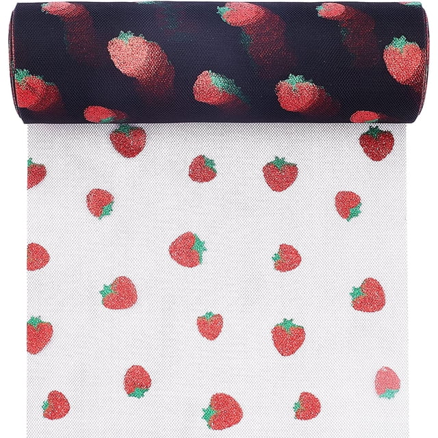 Rollo de tela de tul de 7,8" x 9,8 yardas (29,5 pies) con decoración de fresas brillantes, tela de red de organza negra con purpurina