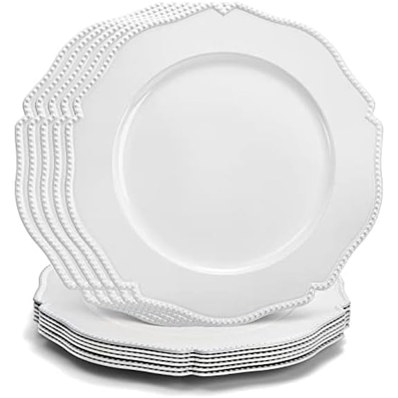 12 Pack White Charger Plates with Beaded Rim, 13 Inch Round Plastic Dinner Chargers, Scalloped Serving Plates for Table Settings Wedding Party Catering Event Decoration$$Home Decor, Kitchen, & Other