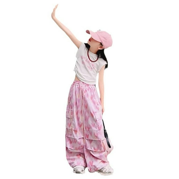 WERYOUNG Girls Streetwear Cargo Pants Summer Fashion Love Heart Printed Stretch Elastic Empire Waist Drawstring Straight Wide Leg Pants With Pockets Newborn Breathable Athletic Pants,Pink,6-7 Years