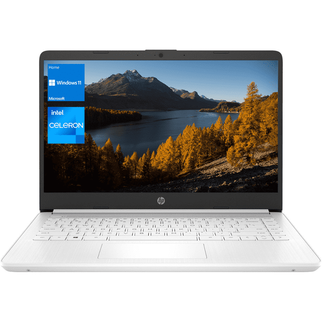 laptop hp essential, pantalla hd de 14" con Intel Celeron N4120, 16 GB de RAM y 64 GB de memoria eMMC; vista frontal centrada con pantalla microborde, teclado blanco y touchpad, cámara web y logo HP visibles; incluye puertos USB-C, USB-A, HDMI y lector de tarjetas SD; suele usarse para ofimática y estudio.