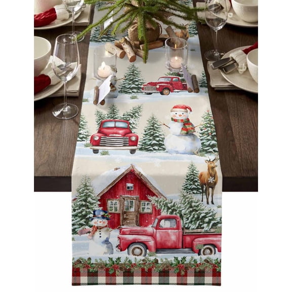 Beige Christmas Cotton Linen Table Runner for Dining Kitchen, Red Truck Plaid Snowman Xmas Tree Ball Wedding Outdoor Party Tablerunners Decoration, Dresser Scarf Coffee Tablecloth Runners 13"x90"
