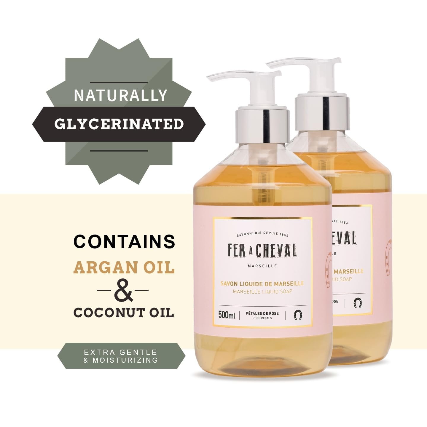 Fer Cheval Marseille Liquid Soap Rose Petal - Hydrating Hand Soap with Argan & Coconut Oil, No SLS/Parabens, 2-Pack