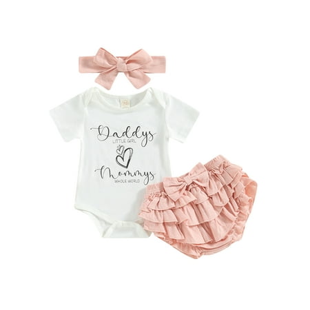 

Baby Girl 3Pcs Father s Day Clothes Short Sleeve Round Neck Letters Print Bodysuit Tops Skirt Headband