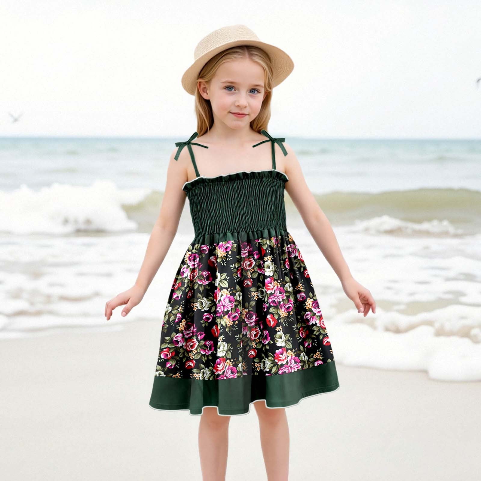 Short Beach Dresses For Girls Toddler Girl Sundress Princess Dress A-Line  Girl Dresses Spaghetti Strap Smocked Floral Dress Girls Fancy Dress