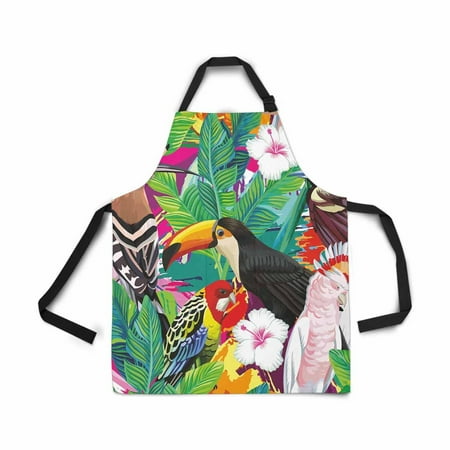 

ASHLEIGH Tropical Bird Toucan Parrot Hoopoe and Palm Leaves Apron for Women Men Girls Chef with Pockets White Hibiscus Flowers Bib Kitchen Cook Apron for Cooking Baking Gardening Pet Cleaning