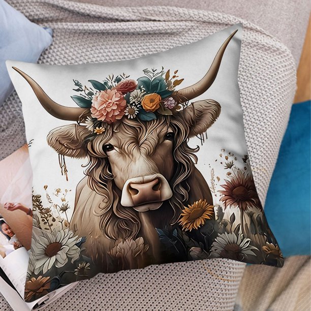 Herunwer Highland Cow Throw Pillow Covers Decorative Throw Pillows Cow Decor for Bedroom Decor Highland Cow Bedding Soft Flannel Fluffy Couch Pillow Covers