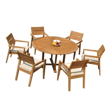 Grade-A Teak Dining Set: 6 Seater 7 Pc: 60" Round Table And 6 Vellore Stacking Arm Chairs Outdoor Patio WholesaleTeak #51VL1207