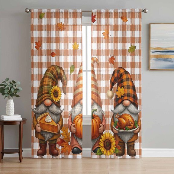 Fall Gnomes Sheer Curtains 96 Inch Length 2 Panels Set, Thanksgiving Sunflower Pumpkins Maple Plaid Voile Window Treatment Semi Sheer Long Curtains Drapes for Bedroom/Living Room/Kitchen 52"x96"x2