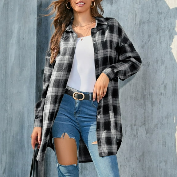 Delliss Fall Plaid Shirt For Women Basic Lapel Button Casual Cardigan Top Long Sleeve Jacket