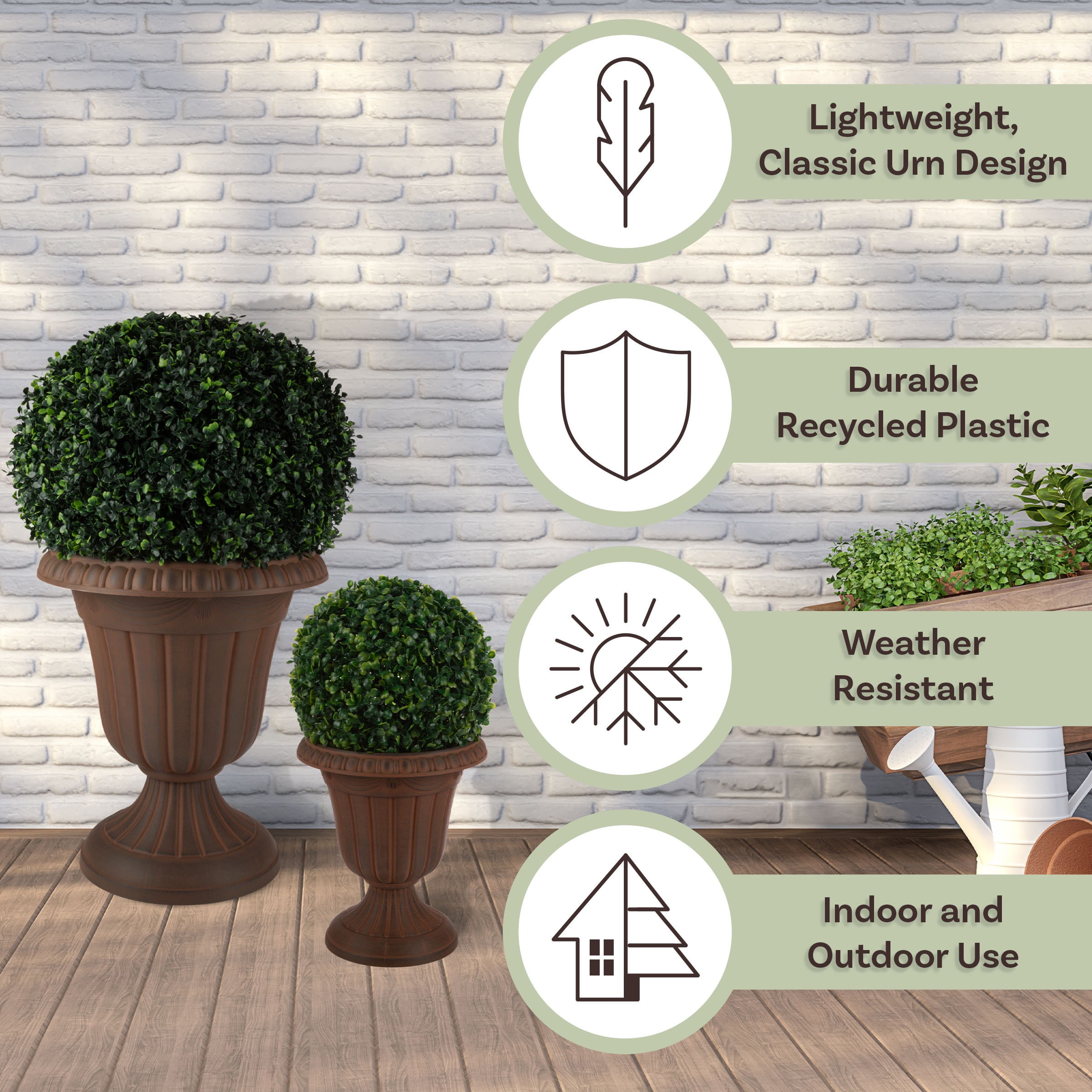 Pure Garden Large and Small Outdoor Urn Planter 2-Pack, Brown