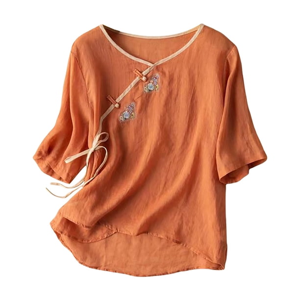 Camiseta holgada de algodón y lino con cuello en V y mangas 3/4 para mujer - Top informal de color liso con detalles intrincados, tallas M-XXXXL