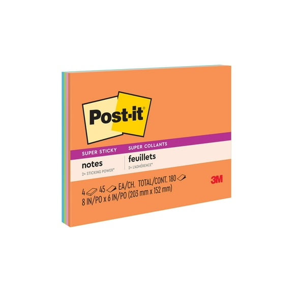 Post-it Super Sticky Notes, 8 in x 6 in, Energy Boost, 4 Pads