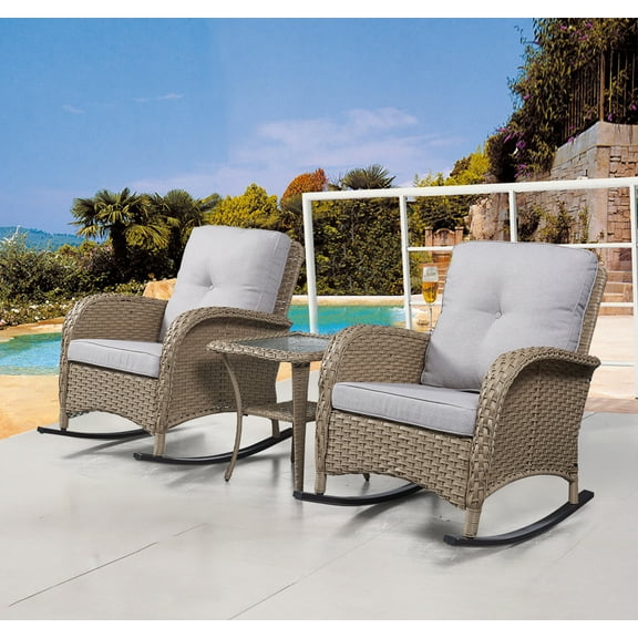 PARKWELL 3-Piece Wicker Rocking Chair with Side Table and Cushions - Outdoor Patio Bistro Set - Yellow Wicker, Beige Cushions