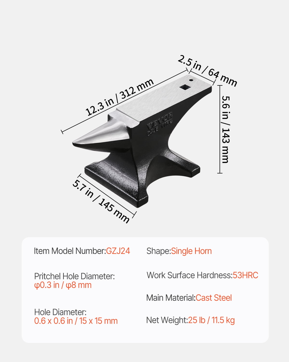 VEVOR Single Horn Anvil, 25lbs Cast Steel Anvil, High Hardness