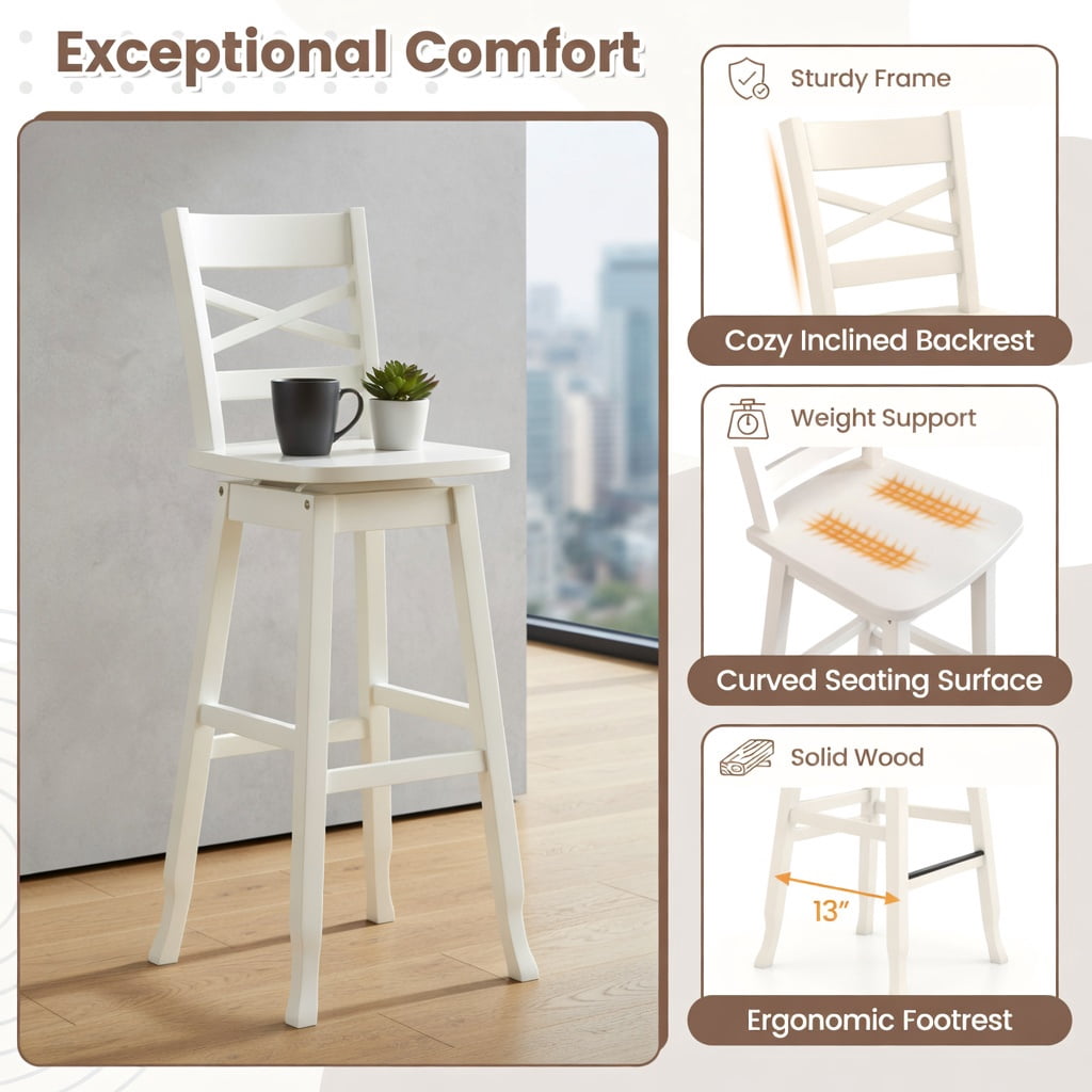 Demi Bonn Set of 2 Swivel Counter 30" Height Bar Stool withclined Backrest, Modern Kitchen Dining Chair, White